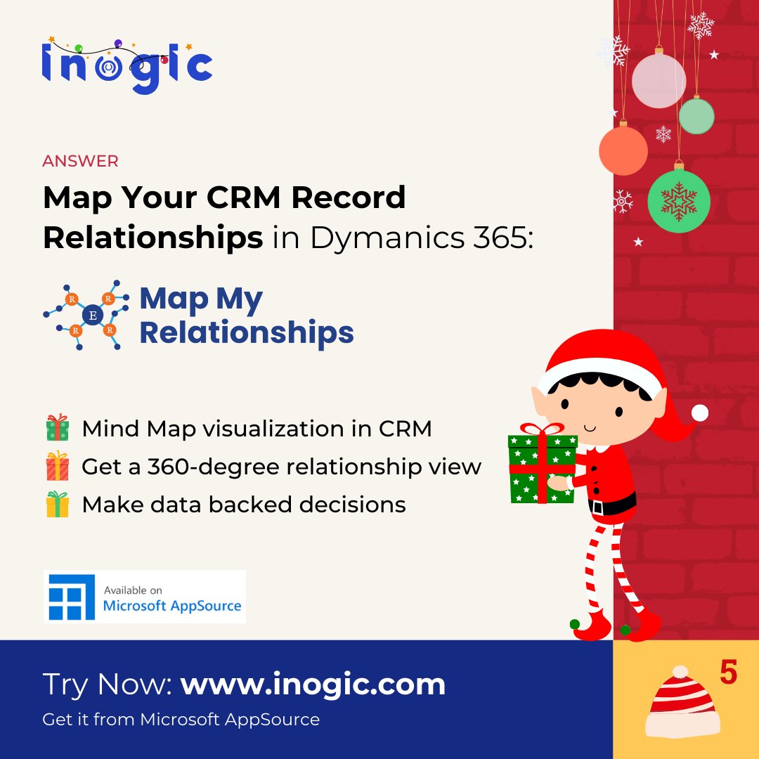 inogic's tweet image. #AdventWithInogic #advent #day5

This holiday season, streamline your CRM experience with #MapMyRelationships!
🎄Easily visualize CRM record relationships in Mind Map view, save time, &amp;amp; make data-driven decisions. Try it now at inogic.com 
 #d365 #HolidayEfficiency