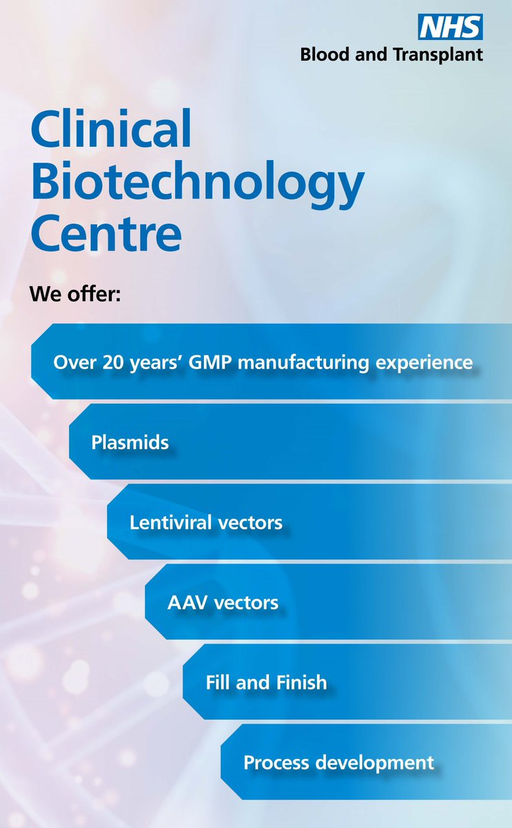 NHSBT Cellular and Molecular Therapies (@nhsbt_cmt) on Twitter photo Need help accelerating access to your gene therapy?
Our CBC team has a huge amount of experience & expertise to offer.
So take a look below at our key services & get in touch to see how we can assist you 🧬
Email CMT@nhsbt.nhs.uk 📩 or visit nhsbt.nhs.uk/CMT for more info Need help accelerating access to your gene therapy?
Our CBC team has a huge amount of experience & expertise to offer.
So take a look below at our key services & get in touch to see how we can assist you 🧬
Email CMT@nhsbt.nhs.uk 📩 or visit nhsbt.nhs.uk/CMT for more info