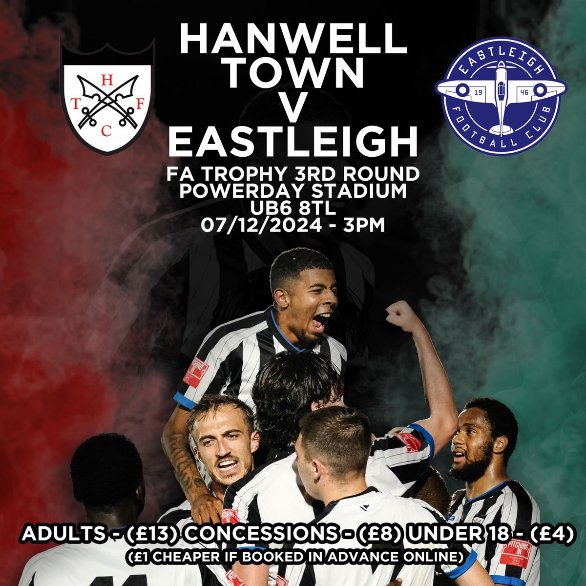 Hanwell Town (Toon) FC (@hanwelltownfc) on Twitter photo FA TROPHY TIME 🏆⚫️⚪️
Get down to the Powerday this Saturday for our big FA Trophy game against <a href="/EastleighFC/">Eastleigh FC</a>!💪🏼
⏰ 3PM
🎟️ app.fanbaseclub.com/Fan/Tickets/Se…
⚠️ Season tickets are not valid
🤝🏻 No segregation
🚘 UB6 8TL - No car park parking, roadside only
Up the Geordies ⚫️⚪️ FA TROPHY TIME 🏆⚫️⚪️
Get down to the Powerday this Saturday for our big FA Trophy game against <a href="/EastleighFC/">Eastleigh FC</a>!💪🏼
⏰ 3PM
🎟️ app.fanbaseclub.com/Fan/Tickets/Se…
⚠️ Season tickets are not valid
🤝🏻 No segregation
🚘 UB6 8TL - No car park parking, roadside only
Up the Geordies ⚫️⚪️