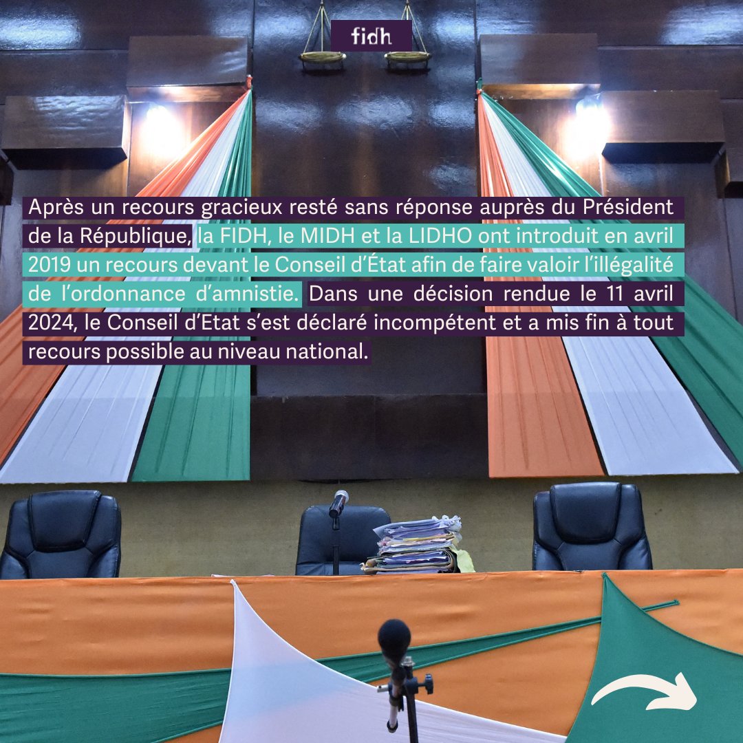 🇨🇮 Après un recours gracieux resté sans réponse auprès du Président de la République, la #FIDH, le #MIDH et la #LIDHO ont introduit en avril 2019 un recours devant le Conseil d'Etat afin de faire valoir l'illégalité de l'ordonnance d'amnistie. 👇🧵