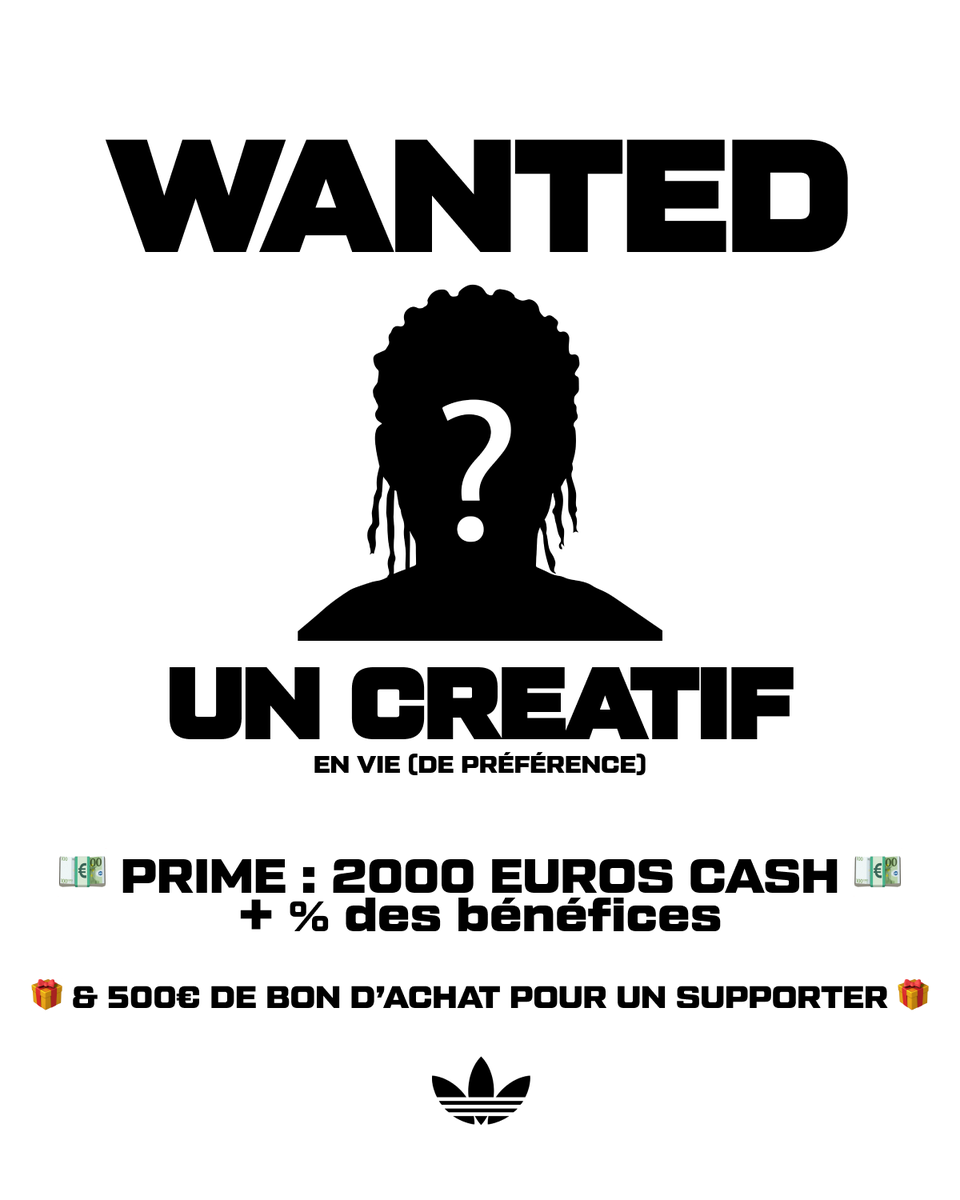 WANTED

On recherche un créatif pour collaborer avec adidas. 
Mentionne les ici !!   

Prime : 2000€ pour le créatif + un % des bénéfices &amp; 500€ pour un supporter. 

RT / Like + lis sous le post ⬇️❤️