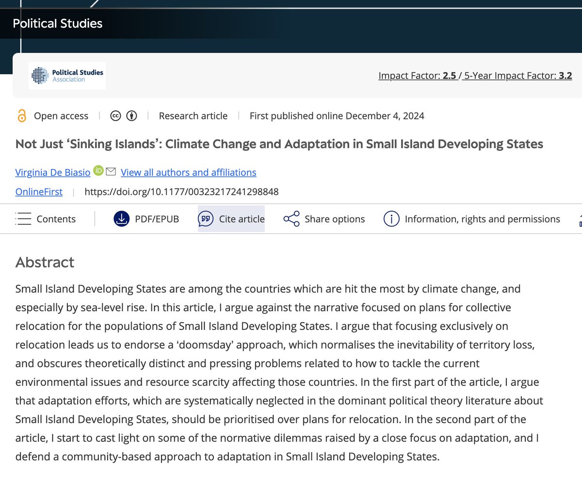 Very pleased that the 2nd academic publication by my recent PhD student <a href="/VirgiDeBiasio/">Virginia De Biasio</a> has now seen the light of day: 

"Not Just ‘Sinking Islands’: Climate Change and Adaptation in Small Island Developing States" ,'online early' from Political Studies.

journals.sagepub.com/doi/10.1177/00…