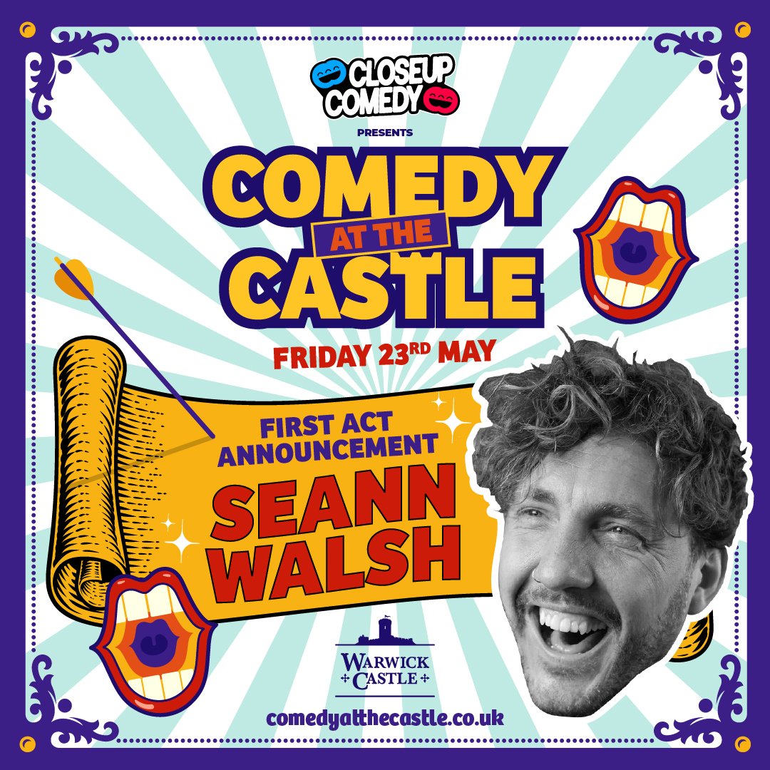 CLOSEUP COMEDY (@closeupcomedyuk) on Twitter photo Act 1 confirmed for Comedy at the Castle next May. ✅
<a href="/seannwalsh/">Seann Walsh</a>. Opening up Friday nights show. Tickets comedyatthecastle.co.uk Act 1 confirmed for Comedy at the Castle next May. ✅
<a href="/seannwalsh/">Seann Walsh</a>. Opening up Friday nights show. Tickets comedyatthecastle.co.uk