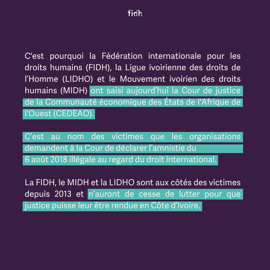 🇨🇮 C'est pourquoi la #FIDH, la #LIDHO et le #MIDH saisissent aujourd'hui la Cour de justice de la Communauté économique des Etats de l'Afrique de l'Ouest (CEDEAO). 

✊Nous sommes aux côtés des victimes depuis 2013 et n'auront de cesse de lutter pour que justice puisse leur être