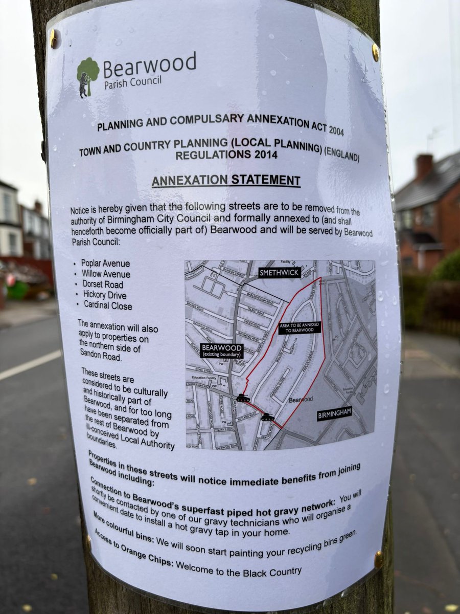 Contrary to notices placed by <a href="/BearwoodCouncil/">Bearwood Parish Council</a> streets in our <a href="/NorthEdgbaston/">North Edgbaston Labour Councillors</a> ward will not be annexed by Bearwood 😅

We will however be making enquiries about joining the hot gravy network. Delivering for our residents.