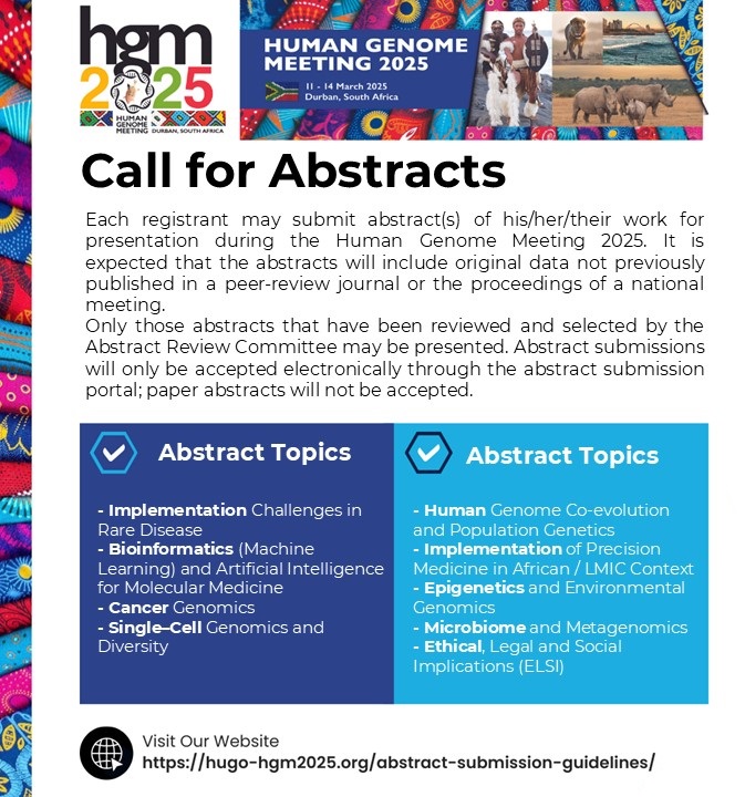 Submit your abstract for the presentation during HGM2025. Abstract submissions will only be accepted electronically through the abstract submission form that will be open until December 14th, 2025.
Register Now: hugo-hgm2025.org/registration/
Submit Abstract: hugo-hgm2025.org/abstract-submi…