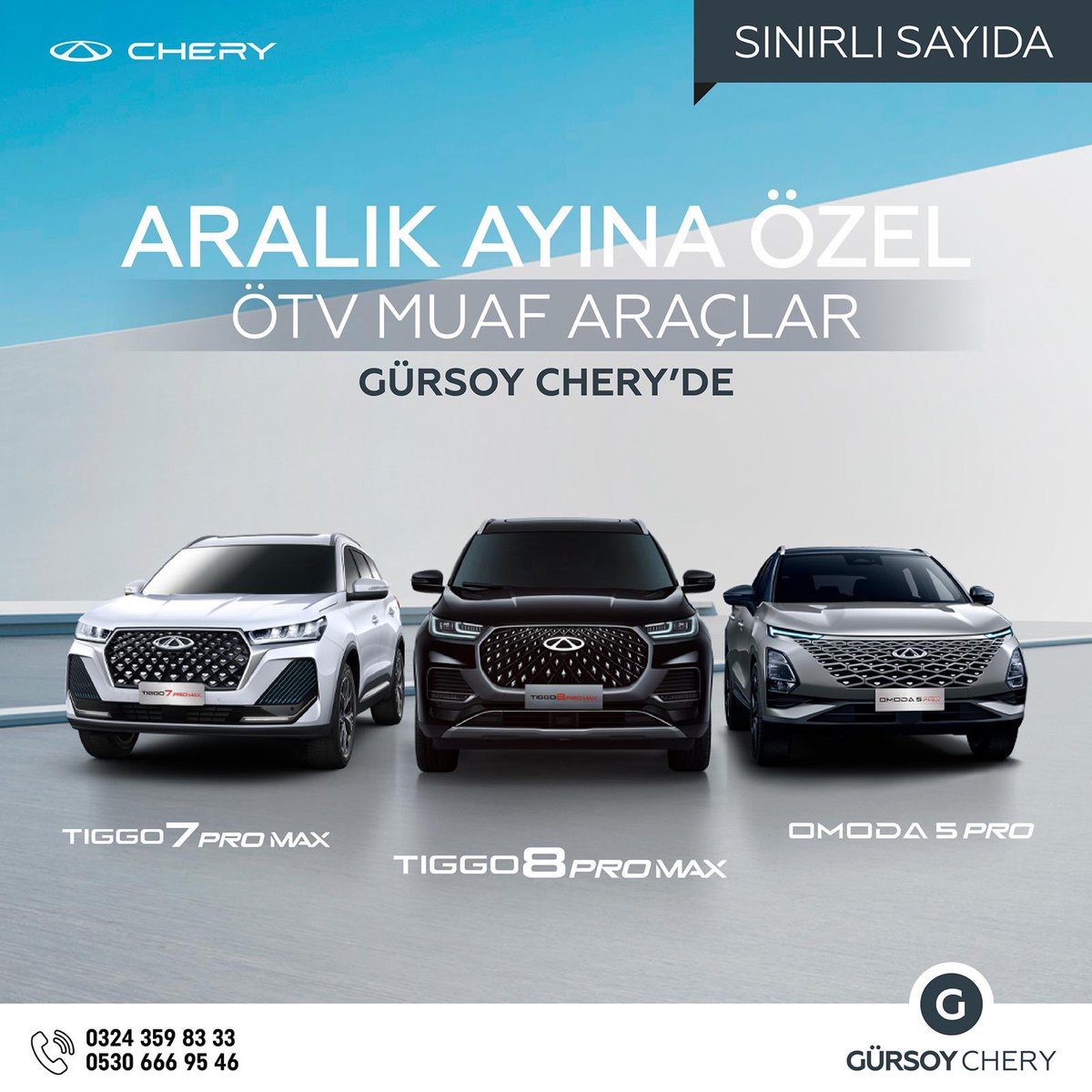 ÖTV Muaf Aracınız Chery’de Hazır❗️Avantajlı fiyatlarla yeni yılda siz de bir Chery sahibi olabilirsiniz. Detaylı bilgi için showroom’umuza davetlisiniz. 

#chery #mersinchery #cherymersin #cherytürkiye #gürsoygrup #gürsoyoto #tiggo7promax #tiggo8promax #omoda5pro #ötvsizaraç