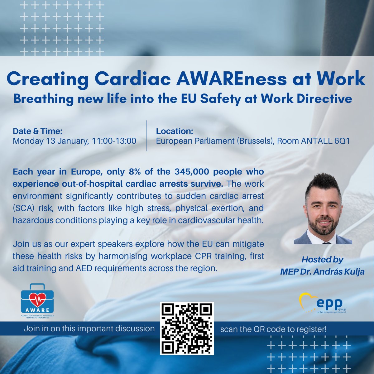 European Society of Cardiology Advocacy (@escadvocacy) on Twitter photo Join us on 13 Jan 2025 (11:00-13:00) at the European Parliament for "Creating Cardiac AWAREness at Work".
💡 Hosted by MEP <a href="/AndrasKulja/">András Kulja MEP</a>, we will discuss life-saving updates to workplace safety for sudden cardiac arrest.
Register by 6 Jan 👉forms.office.com/pages/response… Join us on 13 Jan 2025 (11:00-13:00) at the European Parliament for "Creating Cardiac AWAREness at Work".
💡 Hosted by MEP <a href="/AndrasKulja/">András Kulja MEP</a>, we will discuss life-saving updates to workplace safety for sudden cardiac arrest.
Register by 6 Jan 👉forms.office.com/pages/response…