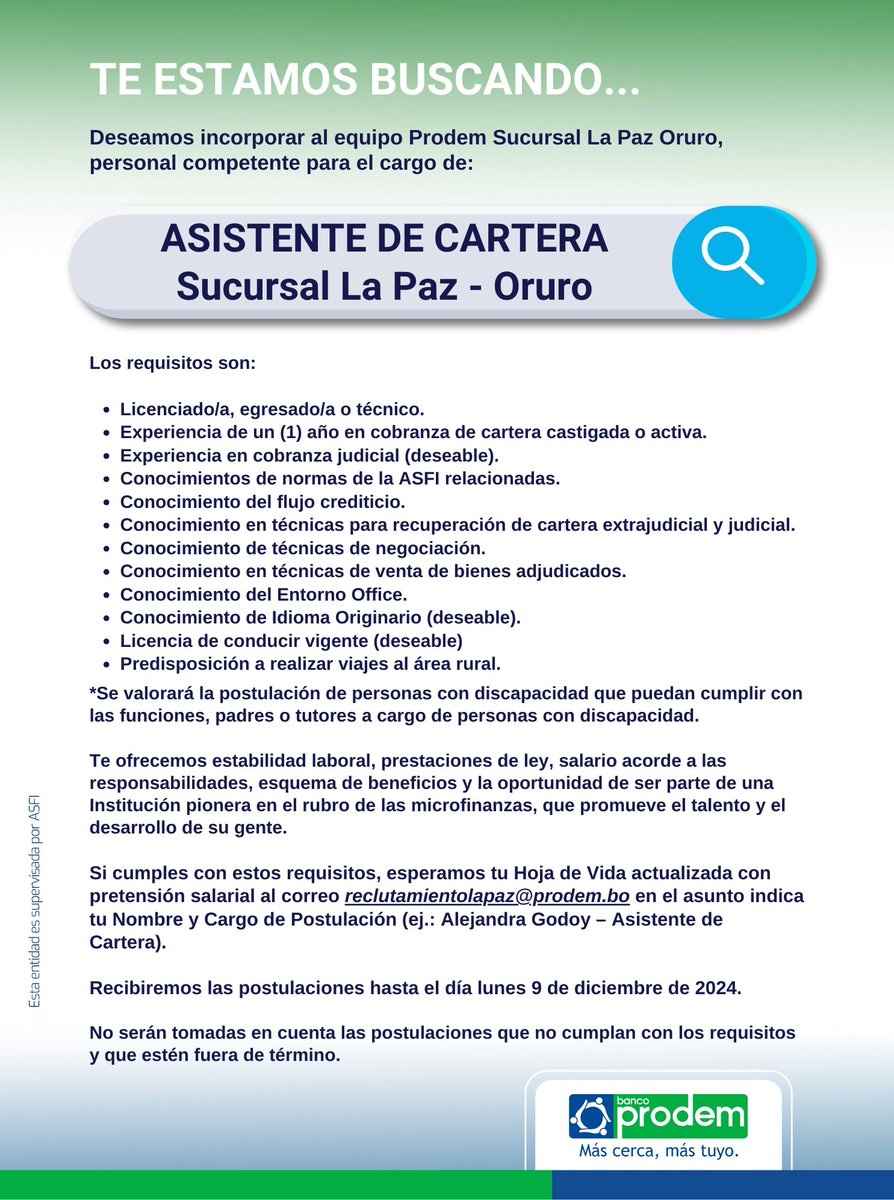 📢 ¡Únete a nuestro equipo! Banco Prodem está en busca de personas talentosas y comprometidas. 🙌
Consulta los detalles de esta convocatoria y postula para ser parte de nuestra familia. 🏦💼

📍 Revisa los requisitos y postula según las instrucciones.
💙💚 ¡Te esperamos!