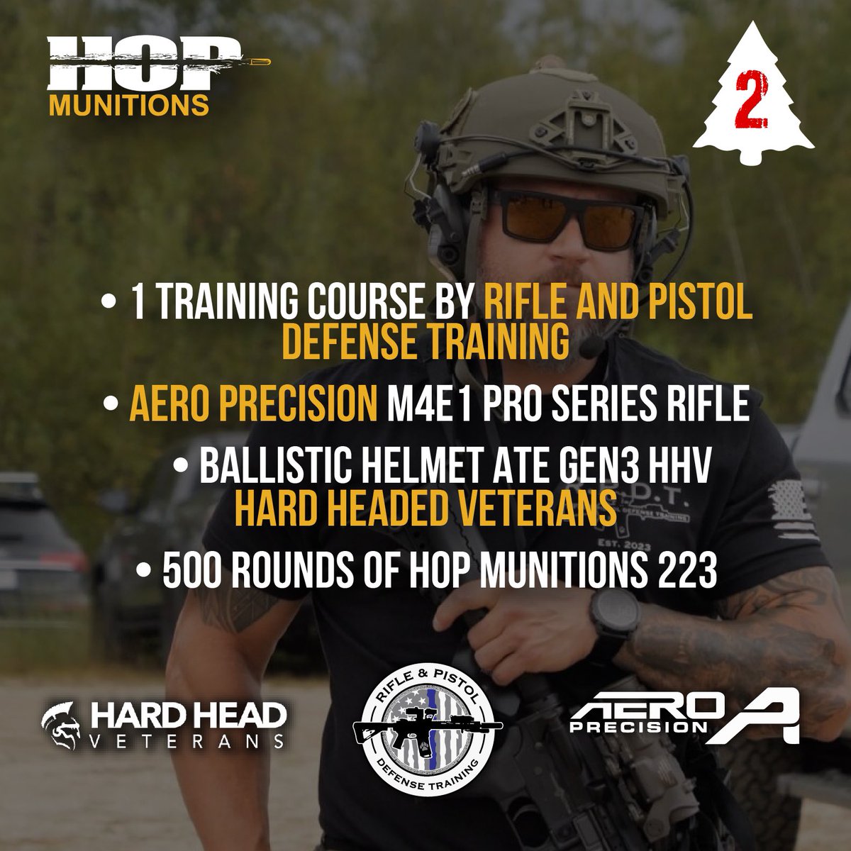 $3,000+ VALUE GIVEAWAY 🤯🚨 
DAY 2 of our 10 Days of Christmas Giveaway and we’re teaming up with Rifle &amp; Pistol Defense Training, <a href="/Hard_Head_Vets/">Hard Head Veterans</a>, and <a href="/aero_precision/">Aero Precision</a>! 

To enter: 
✅ Follow <a href="/aero_precision/">Aero Precision</a>, <a href="/Hard_Head_Vets/">Hard Head Veterans</a>, and <a href="/HopMunitions/">HOP Munitions</a>.
✅ Tag a friend in the comments—one
