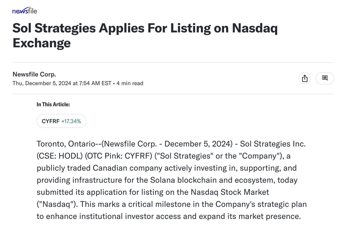 It is great to see Sol Strategies $CYFRF applying for Nasdaq listing. Too  many crypto-related public companies have been boxed out of US markets due  to the regulatory environment. It will be
