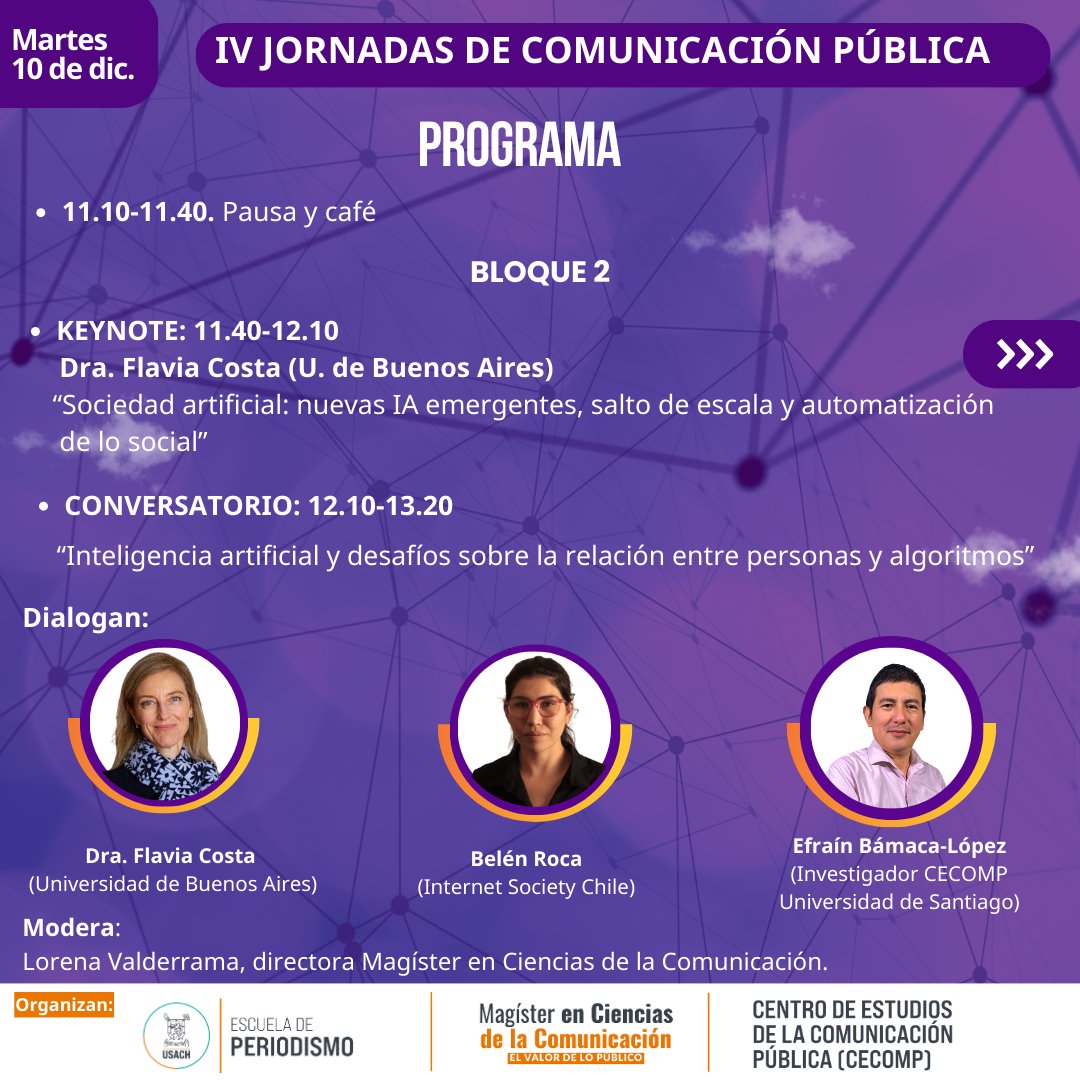 📢 ¡Quedan muy pocos días para las IV Jornadas de Comunicación Pública! Imaginarios políticos y conexiones algorítmicas: desafíos presentes y futuros 📅 Martes 10/12, 8:30
Inscríbete aquí  t.ly/iJSB_ <a href="/isoc_chile/">ISOC Chile - Internet Society Capítulo Chile</a> <a href="/PNUDChile/">PNUD Chile</a>