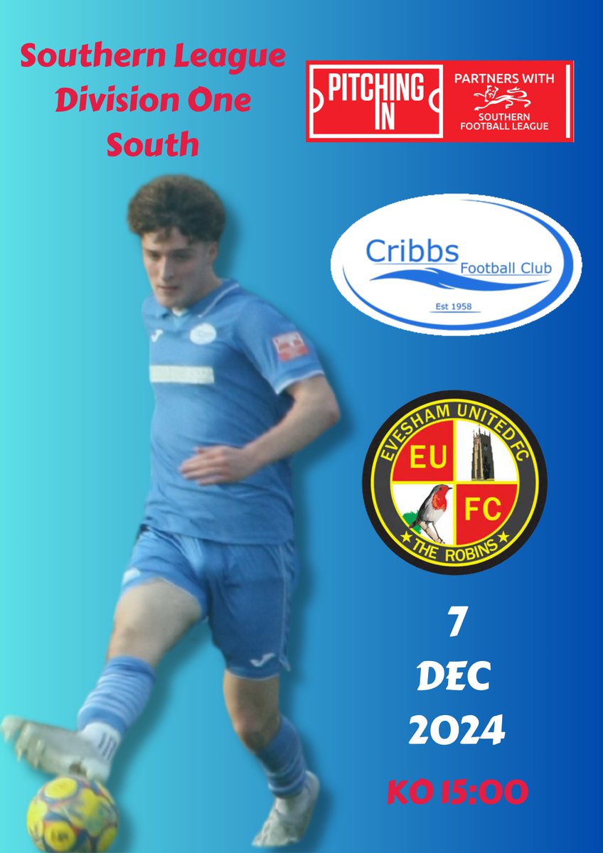 CribbsFC's tweet image. ⚽️Saturday Fixture⚽️

This weekend we welcome @EveshamUnitedFC to the @SW_Pitchside🏟️in the @SouthernLeague1 

🕰️15:00
💷£10 Adult/£7 Concession
🆓Under 16s
🍻Bar Open (13:15)
🗞️Printed Programmes

Please note that dogs are not permitted on site.

#bristolfootball