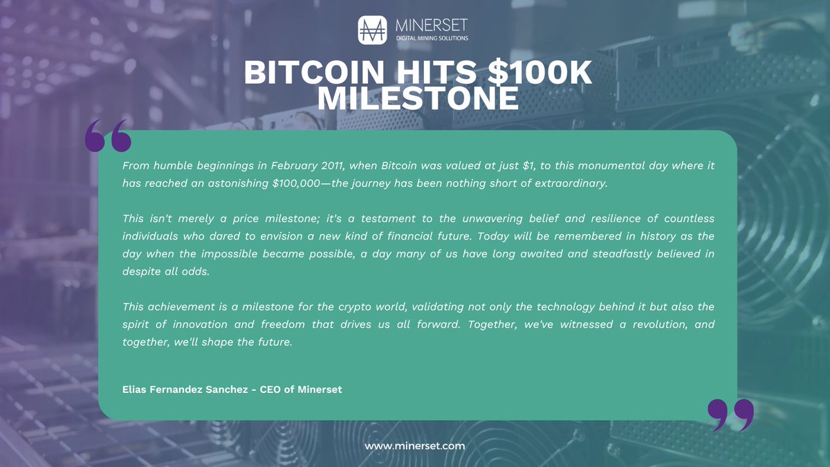Minerset CEO Elias Fernandez Sanchez shares his thoughts on Bitcoin reaching $100,000!  An incredible milestone for the crypto community.  👇 #Bitcoin #Crypto #btc100k
