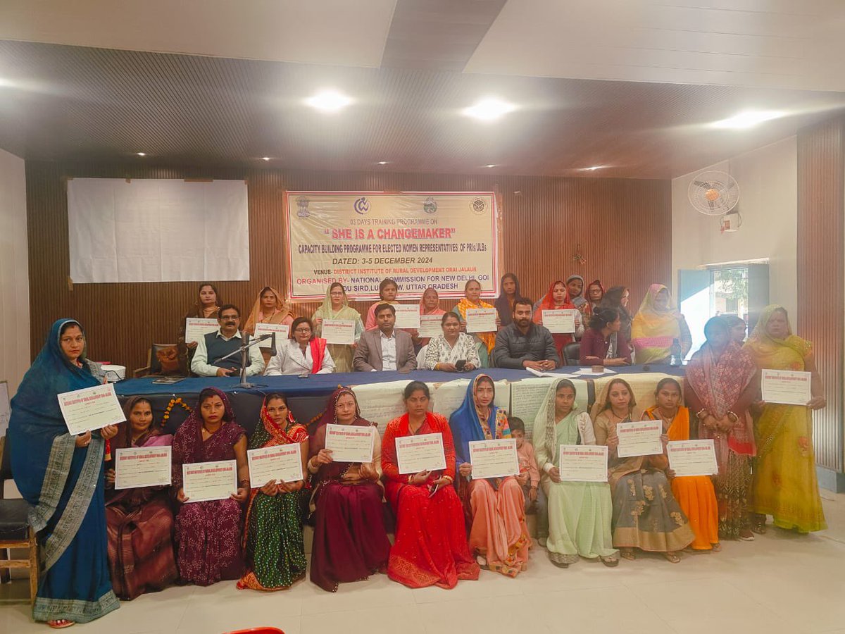 NCWIndia's tweet photo. Second batch of Deen Dayal Upadhyay State Institute of Rural Development, Uttar Pradesh, is being held under the She is a Changemaker project in Orai, Jalaun, from 3rd to 5th December 2024. Empowering rural women leaders for transformative change! #SheIsAChangemaker #RuralLeadership
@PibLucknow
@VijayaRahatkar