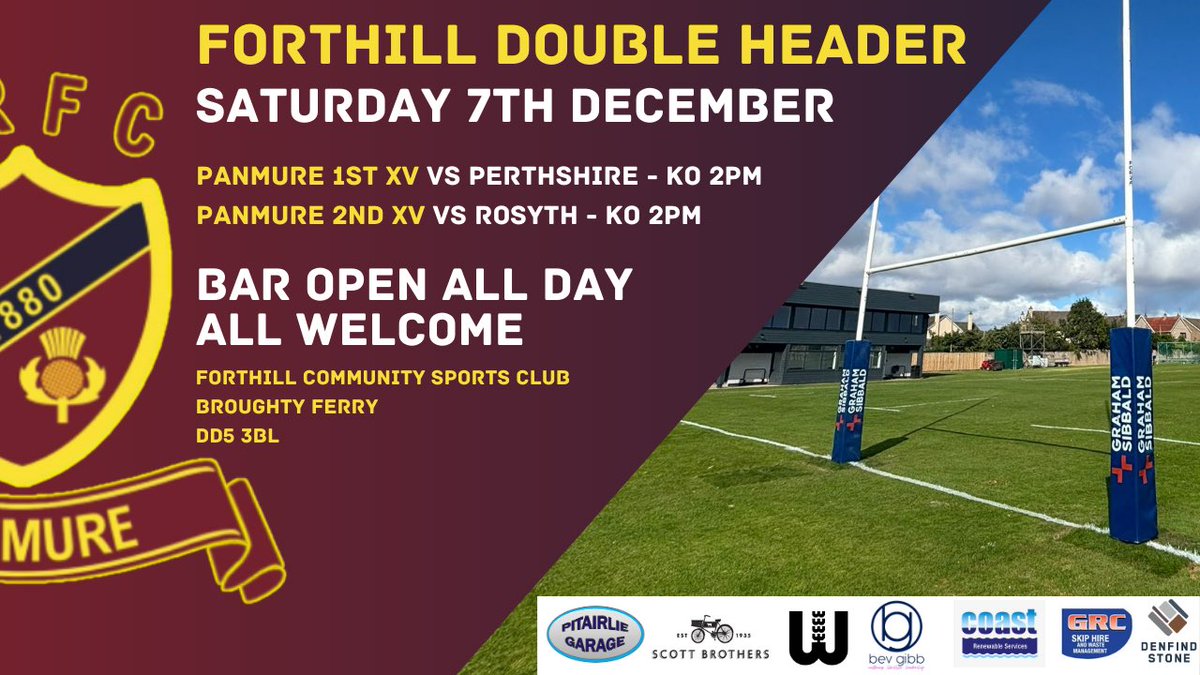 🏉Join us at Forthill this Saturday for another big day of rugby!🏉

1st XV vs Perthshire 
2nd XV vs Rosyth

Bar open all day! ☕️🍺

All welcome at Forthill Community Sports Club

#PlayUpPanmure