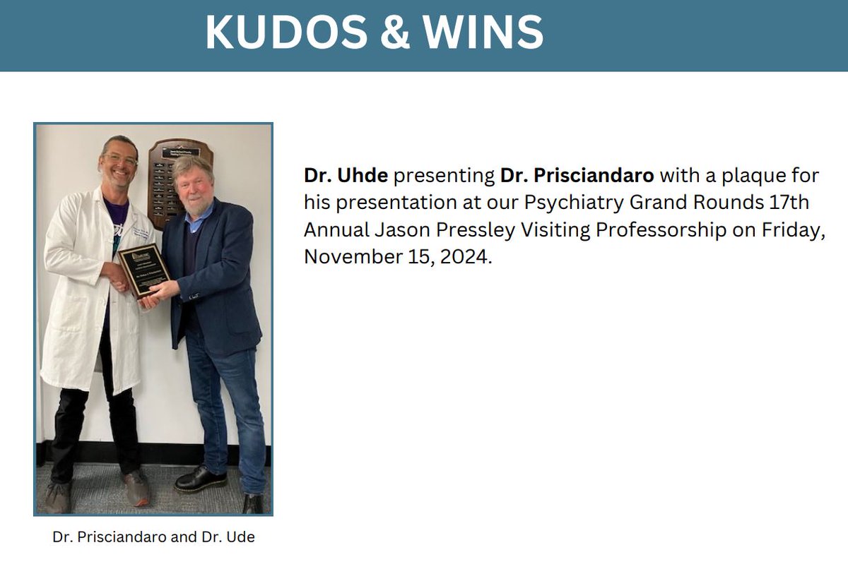 When my Chair asked me to pick up the plaque commemorating my recent Professorship, I was unaware that there would be a photo, and not being dressed for the part, Dr. Uhde lent me his lab coat, resulting in what just may be the most hilarious photo ever...