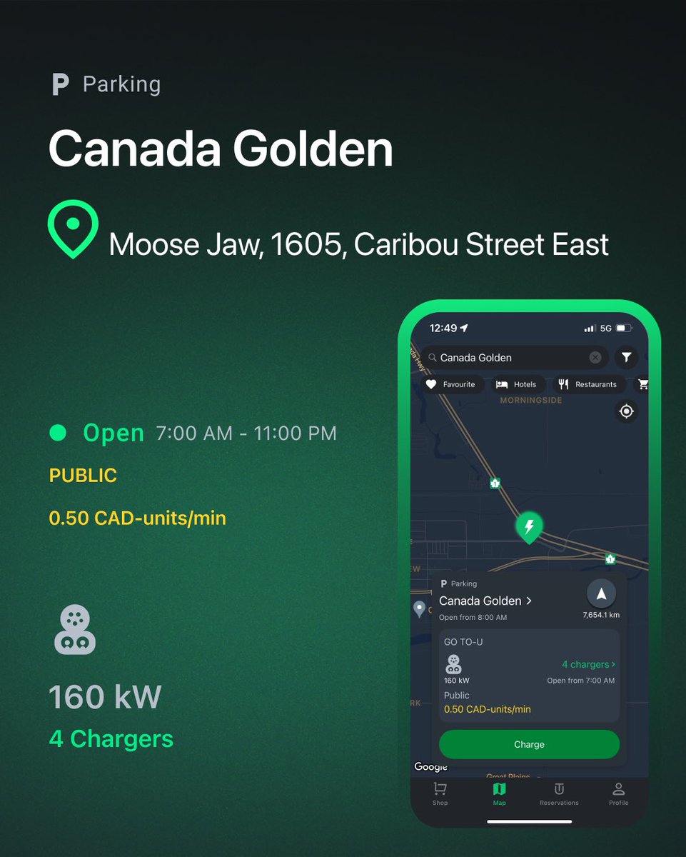 GO TO-U (@gotougreen) on Twitter photo Excited to announce new <a href="/KempowerOyj/">Kempower</a> DC charging stations in Moose Jaw, #Canada, developed with EV-olution!
β‘οΈ80-160 kW fast charging
β‘οΈGO TO-U reservation system for seamless trips
Download GO TO-U app to plan your trip and reserve your charging slot: app.go-tou.com/wydiBzfhgu9E6m⦠Excited to announce new <a href="/KempowerOyj/">Kempower</a> DC charging stations in Moose Jaw, #Canada, developed with EV-olution!
β‘οΈ80-160 kW fast charging
β‘οΈGO TO-U reservation system for seamless trips
Download GO TO-U app to plan your trip and reserve your charging slot: app.go-tou.com/wydiBzfhgu9E6mβ¦