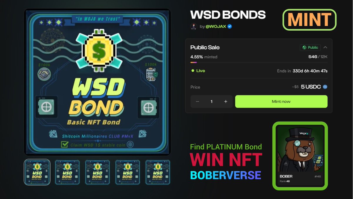Woja_inu's tweet photo. Find PLATINUM Bond & WIN a BOBERverse NFT 🔥
@PulsarMvX send 5000000 WOJAINU to 99 reactions

#MINT < WSD BONDS > be the 1st to find a PLATINUM item and get a #BOBER NFT rank 46 + 99 WSD 🎁All items are stakable on #OneDEX Stake & Earn #WSD

👍Mint: https://t.co/vOPVCMkYWi

#MultiversX #WSD #BOBER #BONDS #WOJAINU #Shitcoin #Millionaire #CLUB #MvX #community #Gifet #WIN #BOBERVERSE #NFTS #XOXNO #EGLD #BullRuyn #TOP #Tokens #crypto