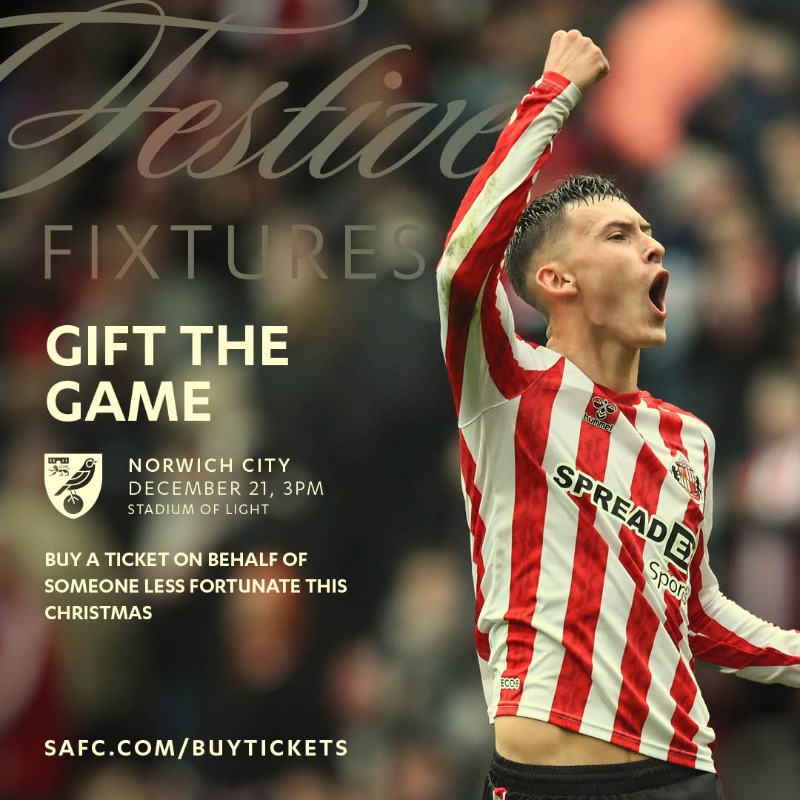 SunderlandAFC's tweet photo. 🎄 This Christmas, Chairman Kyril Louis-Dreyfus and Juan Sartori are doubling the joy by matching every ticket donated through our ‘#GiftAGame’ initiative.
Let’s spread festive cheer and the true spirit of Sunderland for all ❤️
Full details on how to get involved ⤵️