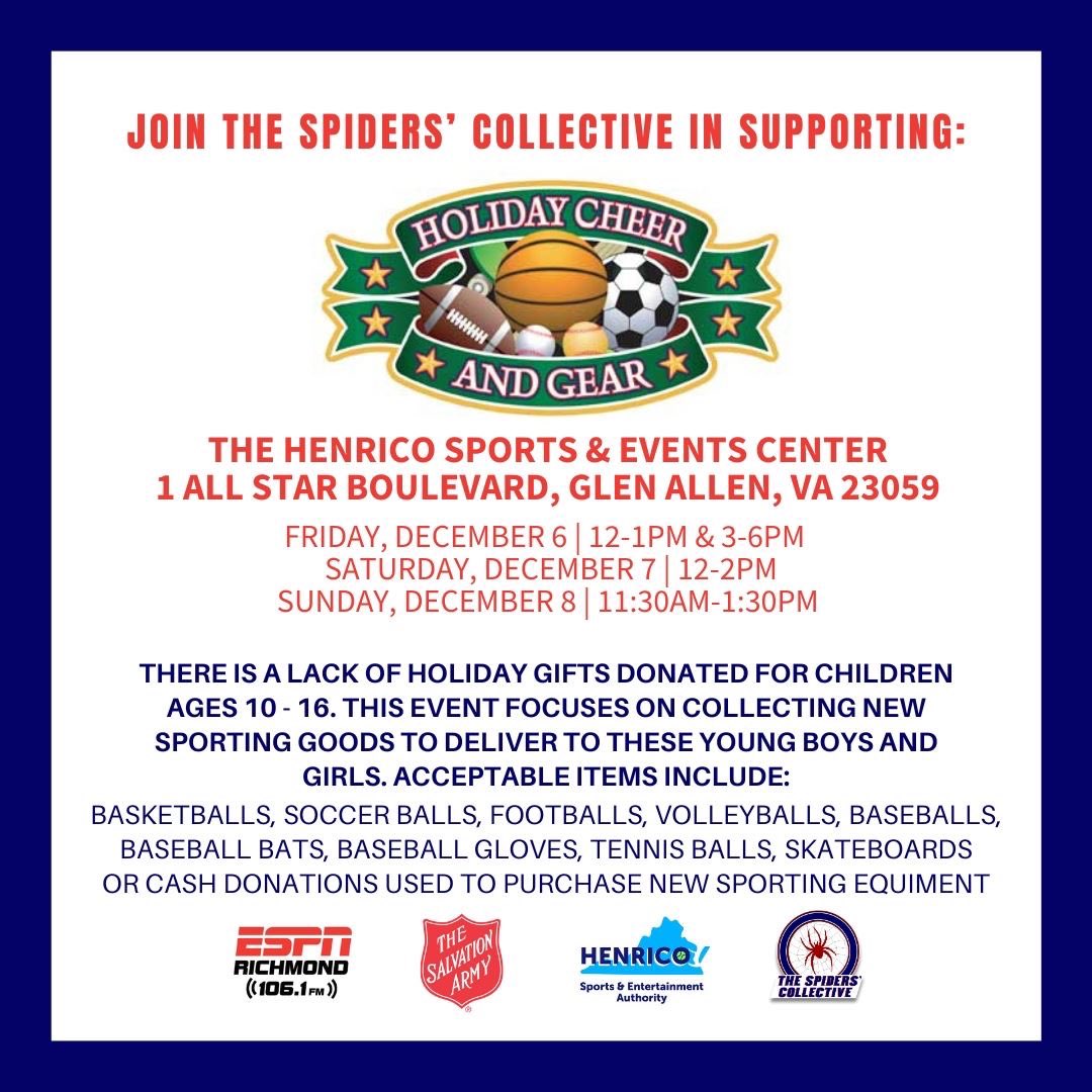 Please bring a donation to holiday Cheer &amp; Gear this weekend! Spiders MBB will be there after practice Friday!!