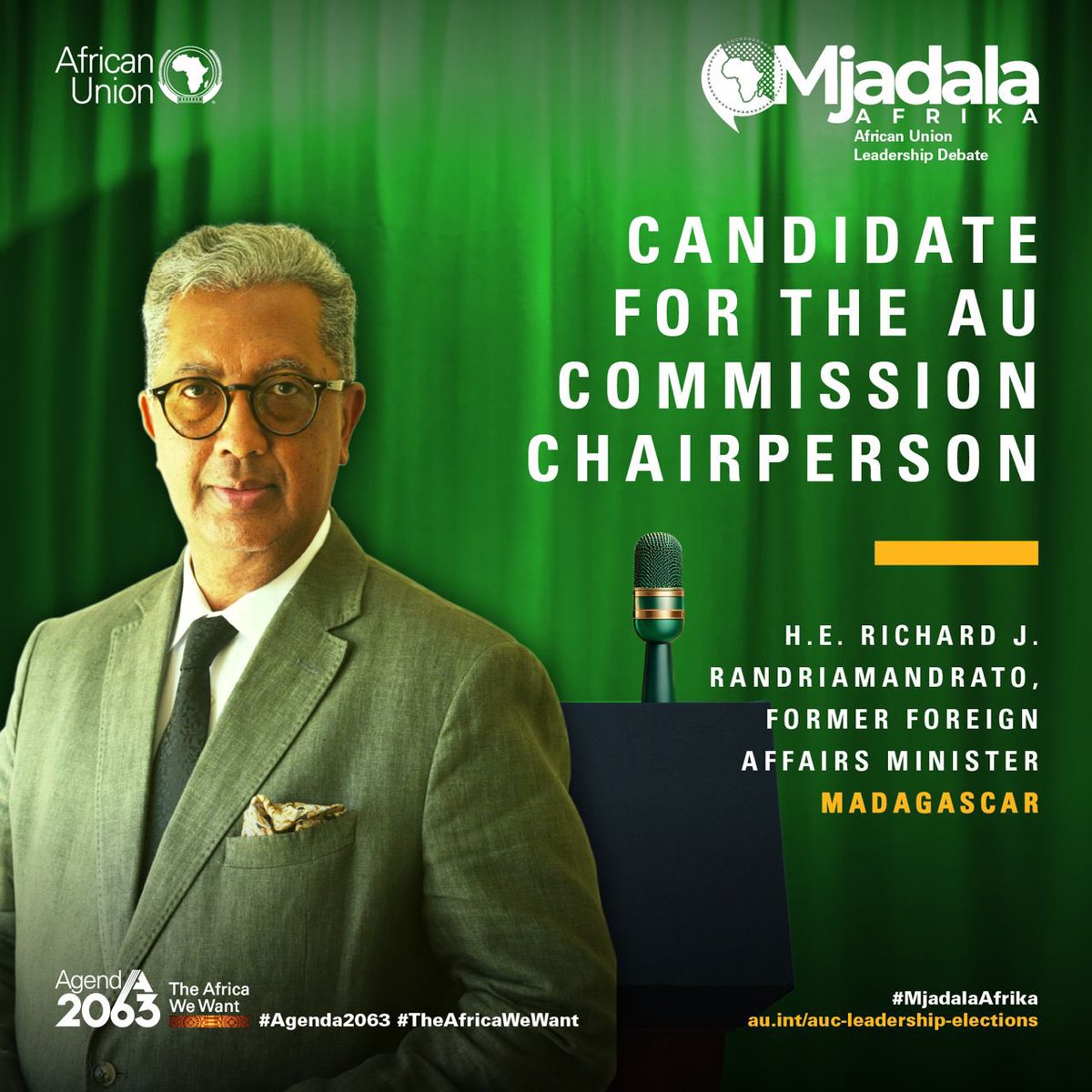 _AfricanUnion's tweet photo. 𝐇.𝐄. 𝐑𝐚𝐧𝐝𝐫𝐢𝐚𝐦𝐚𝐧𝐝𝐫𝐚𝐭𝐨, 𝐅𝐨𝐫𝐦𝐞𝐫 𝐅𝐨𝐫𝐞𝐢𝐠𝐧 𝐀𝐟𝐟𝐚𝐢𝐫𝐬 𝐌𝐢𝐧𝐢𝐬𝐭𝐞𝐫, 𝐌𝐚𝐝𝐚𝐠𝐚𝐬𝐜𝐚𝐫.

Meet the candidates vying for the position of the Chairperson of the African Union Commission.

Read his 𝐯𝐢𝐬𝐢𝐨𝐧 for Africa’s transformation here. 
𝐄𝐧𝐠𝐥𝐢𝐬𝐡 -https://t.co/7HN35JurRQ
𝐅𝐫𝐞𝐧𝐜𝐡 - https://t.co/sh4Q9SNssi

Follow the debate live on:
𝟏𝟑 𝐃𝐞𝐜𝐞𝐦𝐛𝐞𝐫 𝟐𝟎𝟐𝟒 | African Union Headquarters| 1900Hrs EAT.

- 𝐄𝐭𝐡𝐢𝐨𝐩𝐢𝐚𝐧 𝐁𝐫𝐨𝐚𝐝𝐜𝐚𝐬𝐭𝐢𝐧𝐠 𝐂𝐨𝐫𝐩𝐨𝐫𝐚𝐭𝐢𝐨𝐧 will provide feed to all public broadcaster in the AU member states will be able to broadcast the debate live, in any of the 6 AU languages.

- The broadcast will be available on Satellite Television 𝐌𝐮𝐥𝐭𝐢𝐜𝐡𝐨𝐢𝐜𝐞 𝐀𝐟𝐫𝐢𝐜𝐚 / 𝐃𝐒𝐓𝐕 𝐀𝐟𝐫𝐢𝐜𝐚 𝐂𝐡𝐚𝐧𝐧𝐞𝐥 𝟏𝟗𝟕 and on the free to Air Channels of National Broadcasters who are also on the DSTV platform.

- The Mjadala Afrika Debate will be available in all the in all 6 languages on the 𝐀𝐟𝐫𝐢𝐜𝐚𝐧 𝐔𝐧𝐢𝐨𝐧’𝐬 𝐝𝐢𝐠𝐢𝐭𝐚𝐥 𝐩𝐥𝐚𝐭𝐟𝐨𝐫𝐦𝐬,  website https://t.co/fy0X68H9UG and YouTube, X (Twitter), Facebook, Instagram

- 𝐂𝐍𝐁𝐂 𝐀𝐟𝐫𝐢𝐜𝐚 will also carry the whole broadcast live on their digital platformshttps://www.youtube.com/@Cnbcafrica410. More content will be uploaded onto https://t.co/QB1TMLOjoE

🌐For more details about the upcoming Debate, visit- https://t.co/REGXlB2Sfa