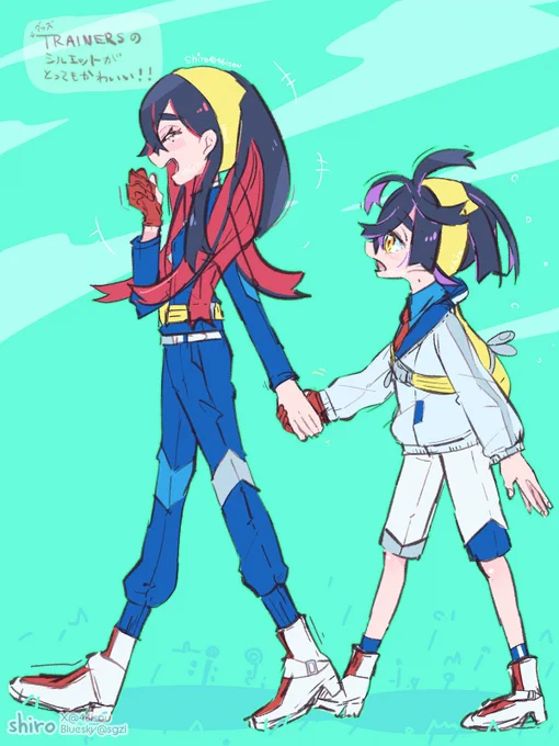 trainersのグッズにひっそり描いてある姉弟のシルエット、身長差かわいいなあ〜って見ていたんだけど、拡大してよく見たらお姉ちゃんはすっごく笑ってて、弟はええ〜って三角の口してて、ほんとに里での声が聞こえてきそうでとってもかわいい(繋がるようになったら見てみてください〜!)