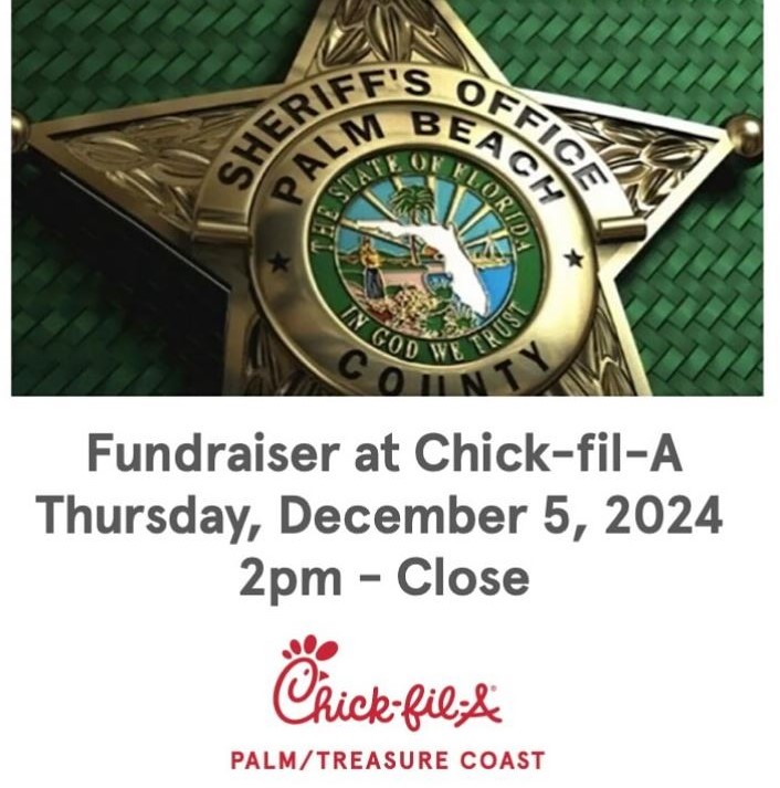 Visit any Chick-fil-A in Palm Beach County, Treasure Coast Mall, or Fort Pierce from 2 P.M. until closing, and all proceeds will be donated to support the families of the three PBSO motorcycle deputies who lost their lives in a tragic accident.