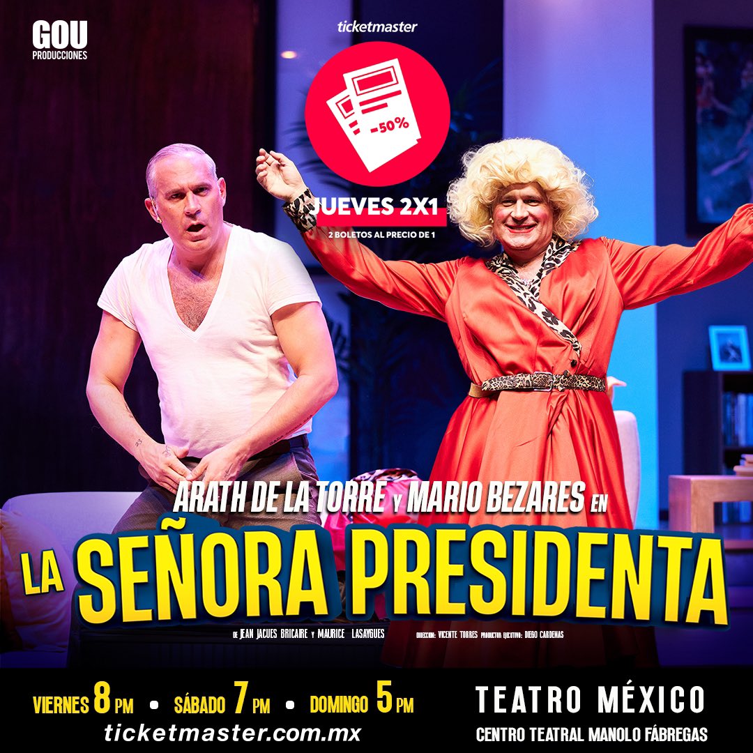 🎭✨ ¡Este jueves, 2x1 en Ticketmaster para La Señora Presidenta! 🗓️ Funciones de viernes a domingo en el Teatro México. ¡Corre por tus boletos!

🎟️ bit.ly/Sra2X1CDMX
