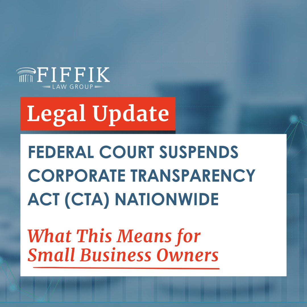 FiffikLaw's tweet photo. A Texas Federal Court entered a preliminary injunction suspending enforcement of the #CorporateTransparencyAct (CTA) nationwide. This means the The January 1, 2025 compliance deadline is no longer in effect.

https://t.co/JO2uk3nBe0 https://t.co/BIJsnzGyON