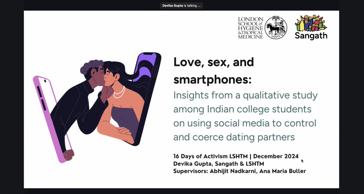 Exploring the interaction bw real and virtual dating, violence, and social media <a href="/deviquoi/">deviquoi</a> from @sangatharg presented her PhD fingings at <a href="/LSHTM/">London School of Hygiene & Tropical Medicine</a> for the #16DaysOfActivismAgainstGBV. Tech acts as a new frontier for violence bw young partners.