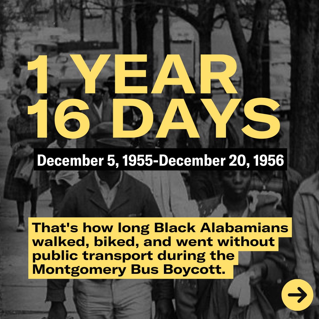 1 year and 16 days. That's how long Black Alabamians walked, biked, and went without public transport during the Montgomery Bus Boycott.🧵