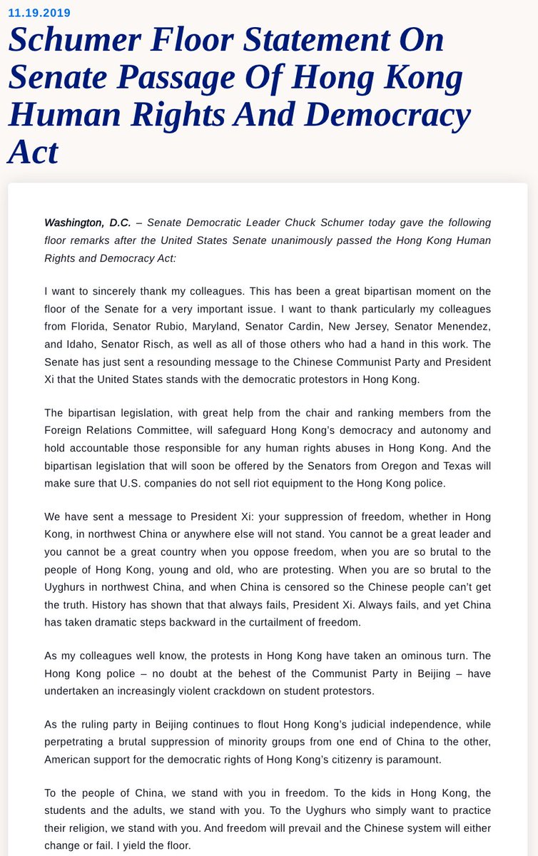 With only a month of the 118th Congress left, we urge <a href="/SFRCdems/">Senate Foreign Relations Committee</a> chair <a href="/SenatorCardin/">Senator Ben Cardin</a> &amp; Majority Leader <a href="/SenSchumer/">Chuck Schumer</a> to help expedite a floor vote in the Senate on the HKETO Certification Act. Your support for freedom in Hong Kong has been crucial up to now; please see it through.