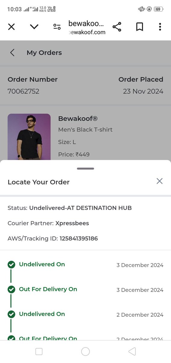 Sawan142's tweet photo. @bewakoof 
What the hell is happening??
Why are you not delivering my order? Despite you have said that you will deliver on 27 November,It is 5th of December and the item has not been arrived yet.I have also emailed many times to change the phone number for my order. https://t.co/WslRE7lDUf
