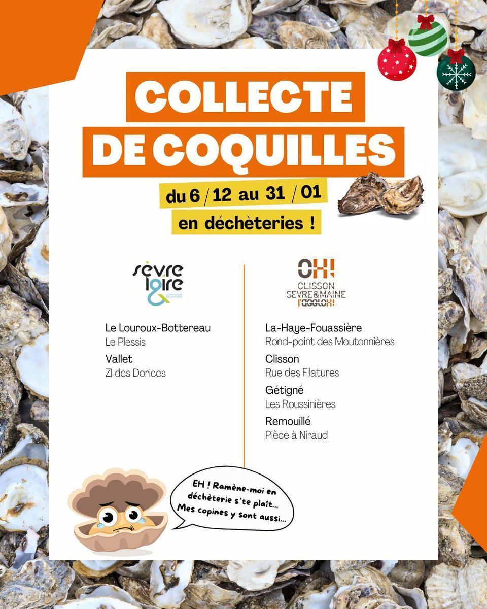 Valor3e (@valor3e) on Twitter photo 𝐂𝐨𝐥𝐥𝐞𝐜𝐭𝐞 𝐝𝐞 𝐜𝐨𝐪𝐮𝐢𝐥𝐥𝐚𝐠𝐞𝐬 𝐞𝐭 𝐝'𝐡𝐮𝐢̂𝐭𝐫𝐞𝐬 𝐞𝐧 𝐝𝐞́𝐜𝐡𝐞̀𝐭𝐞𝐫𝐢𝐞𝐬 🦪 
𝘋𝘶 6 𝘥𝘦́𝘤𝘦𝘮𝘣𝘳𝘦 2024 𝘢𝘶 31 𝘫𝘢𝘯𝘷𝘪𝘦𝘳 2025
#maugescommunauté <a href="/choletagglo/">Cholet, Ville et Agglomération</a> @clisson_laggloh @lentrainante 𝐂𝐨𝐥𝐥𝐞𝐜𝐭𝐞 𝐝𝐞 𝐜𝐨𝐪𝐮𝐢𝐥𝐥𝐚𝐠𝐞𝐬 𝐞𝐭 𝐝'𝐡𝐮𝐢̂𝐭𝐫𝐞𝐬 𝐞𝐧 𝐝𝐞́𝐜𝐡𝐞̀𝐭𝐞𝐫𝐢𝐞𝐬 🦪 
𝘋𝘶 6 𝘥𝘦́𝘤𝘦𝘮𝘣𝘳𝘦 2024 𝘢𝘶 31 𝘫𝘢𝘯𝘷𝘪𝘦𝘳 2025
#maugescommunauté <a href="/choletagglo/">Cholet, Ville et Agglomération</a> @clisson_laggloh @lentrainante