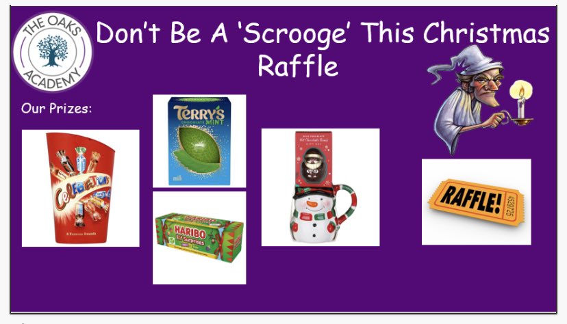 The_OaksAcademy's tweet image. From lunch time tomorrow we will be selling raffle tickets at 20p each. The draw will take place on Thursday 12th December during our Christmas production.🎄🤶🎅
#christmasproduction #raffle #raffleprizes #scrooge #dontbeascrooge #inspire #believe #achieve