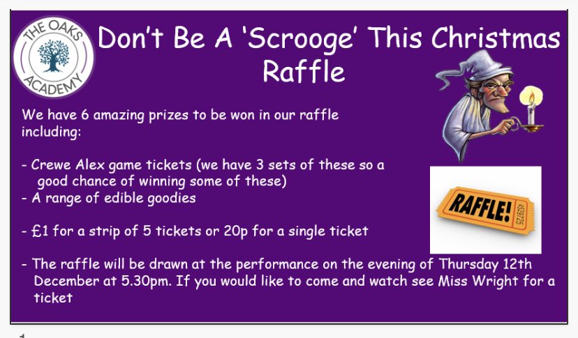 The_OaksAcademy's tweet image. From lunch time tomorrow we will be selling raffle tickets at 20p each. The draw will take place on Thursday 12th December during our Christmas production.🎄🤶🎅
#christmasproduction #raffle #raffleprizes #scrooge #dontbeascrooge #inspire #believe #achieve