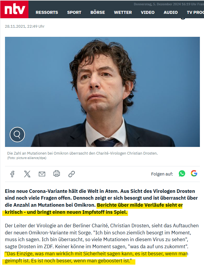 Sprachlos12's tweet image. Sehr früh gab es Bericht aus Afrika (u.a. von der Entdeckerin der Variante), dass #Omikron harmloser sei als die Vorgänger.

#Drosten haute aber immer weiter auf die Panik-Pauke &amp;amp; empfahl - entgegen der STIKO - allen Kindern eine #Impfung.

Heute will er davon nichts mehr wissen.