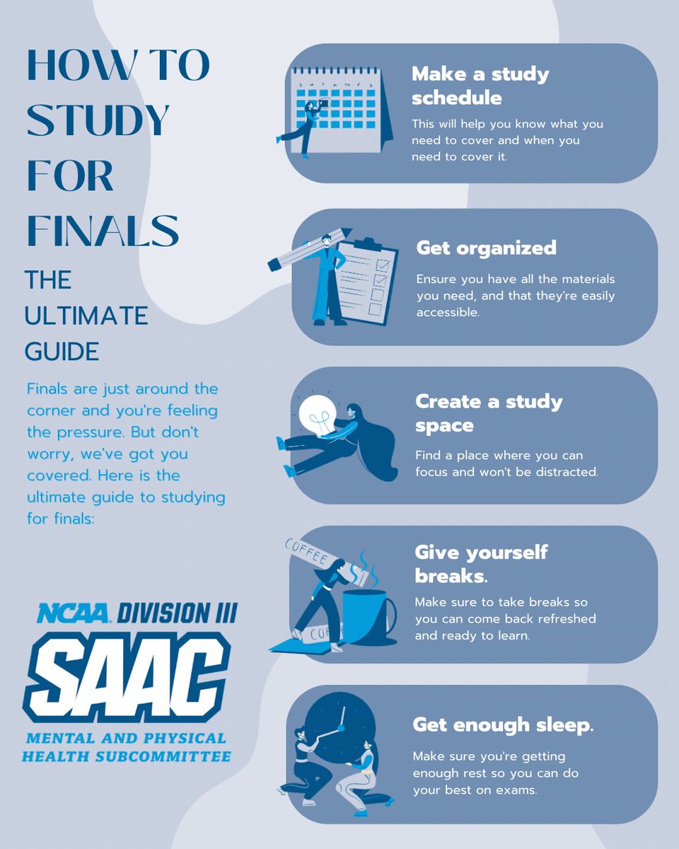 Finals are just around the corner and you're feeling the pressure. But don't worry, we've got you covered. We have provided you with the ultimate guide on how to study for finals! 💯😊

#MentalHealth #PhysicalHealth #SAAC #TogetherWeThrive #thrivetogether