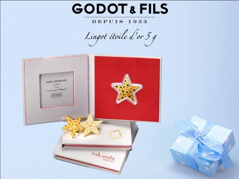 GodotFilsReims's tweet photo. ⭐️ Lingot Étoile d’Or ⭐️
Découvrez ces jolis lingots « Étoile » de 5 gr d’#Or 999,9 ‰ à offrir ou à partager (chaque branche de l'étoile est un lingot de 1 gramme)🎅🏼🎄🎁
N’hésitez pas à nous contacter pour plus d’informations ou conseils !
#Reims #Cadeau #Noel #Etoile #Combibar https://t.co/eriEFjWQVR