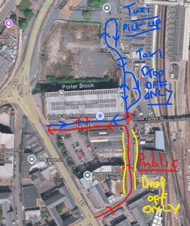 edge_res's tweet photo. @SheffieldStar All public drop off / Pick up should be Entry only @ Cross Turner Street via Fornham Street, with mandatory turn left @ Turner Street past the Multi-Story. Then all Taxi pick up should be Entry only @ Turner Street and to the existing 2 drop off and pickup areas! @benmiskell https://t.co/RB7I7aKxZK