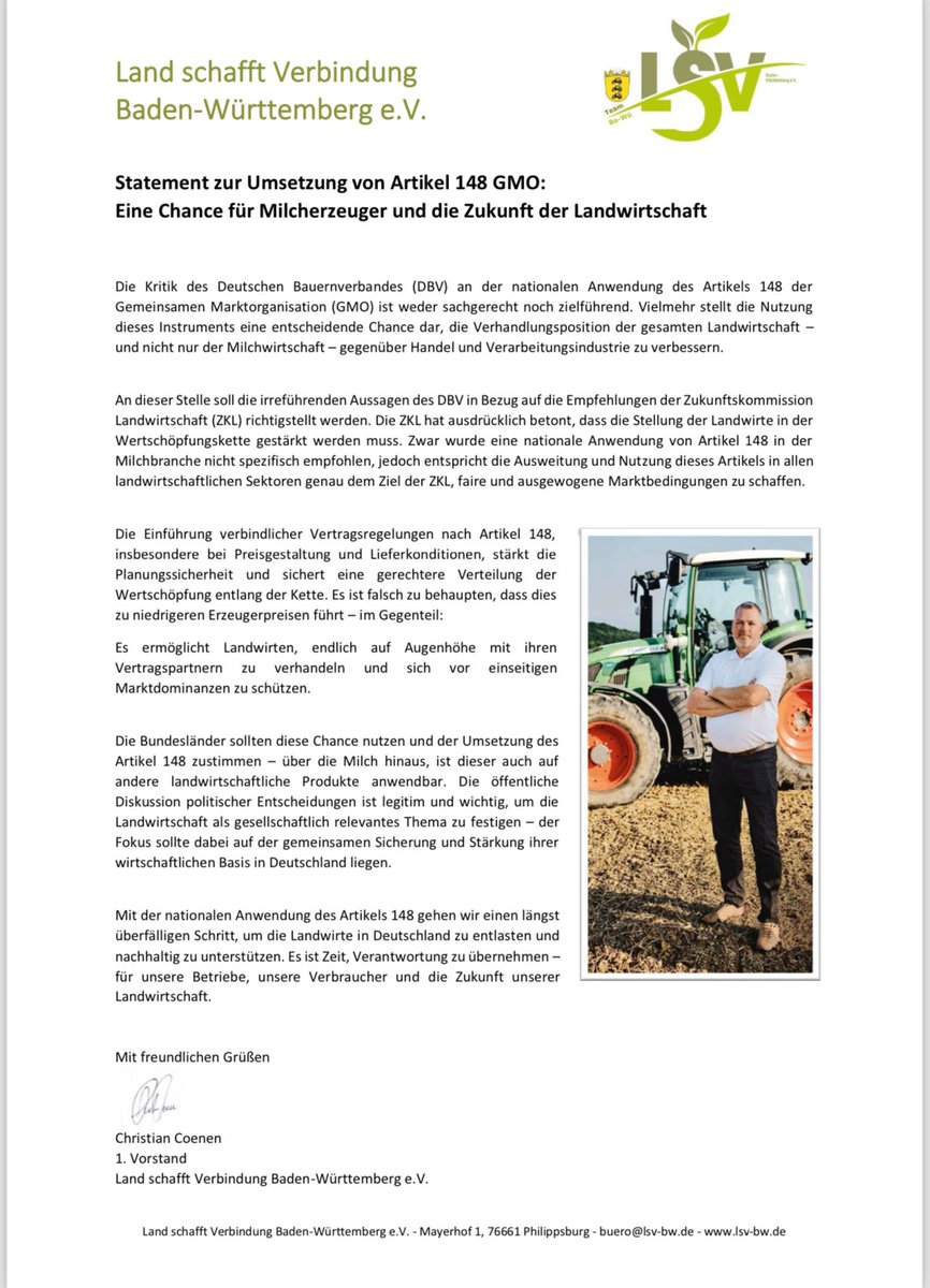 lsv_bw_de's tweet photo. Artikel 148 GMO: Eine Chance für die Zukunft
der Milcherzeuger und der Landwirts https://t.co/406D4mVP3f
