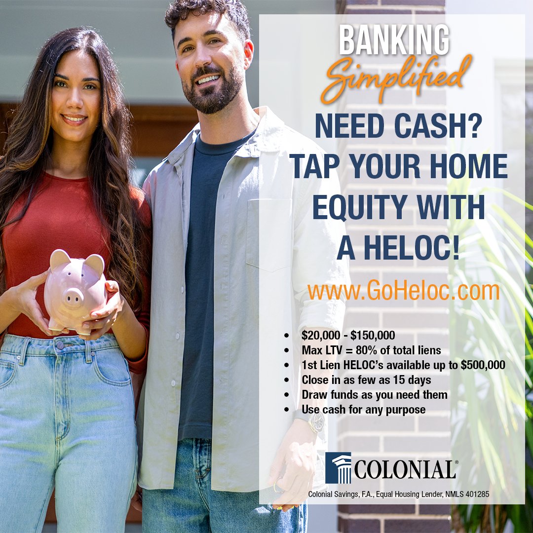 ColonialBanking's tweet image. Need cash? Tap into your home equity with a HELOC from Colonial! 

Use it for renovations, debt consolidation, or unexpected expenses. Your home’s equity can work for you! 

Apply Online Today at GoHeloc.com!

#HELOC #HomeEquity #GoColonial