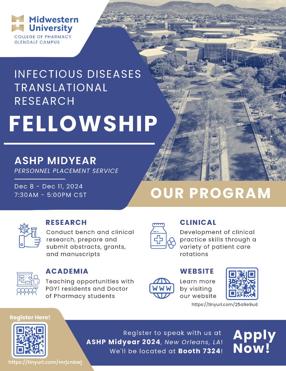 SpencerAHarris's tweet photo. Friendly reminder to check out our #InfectiousDiseases #Fellowship in Midwestern University, Glendale, AZ, at ASHP Midyear (PPS booth 
7324). Appointments also available outside PPS! Contact @Vanthida_Huang for details. #IDTwitter 
#TwitteRx @ThoPham27 @Howard_Chhen https://t.co/1JLQ42TPpc