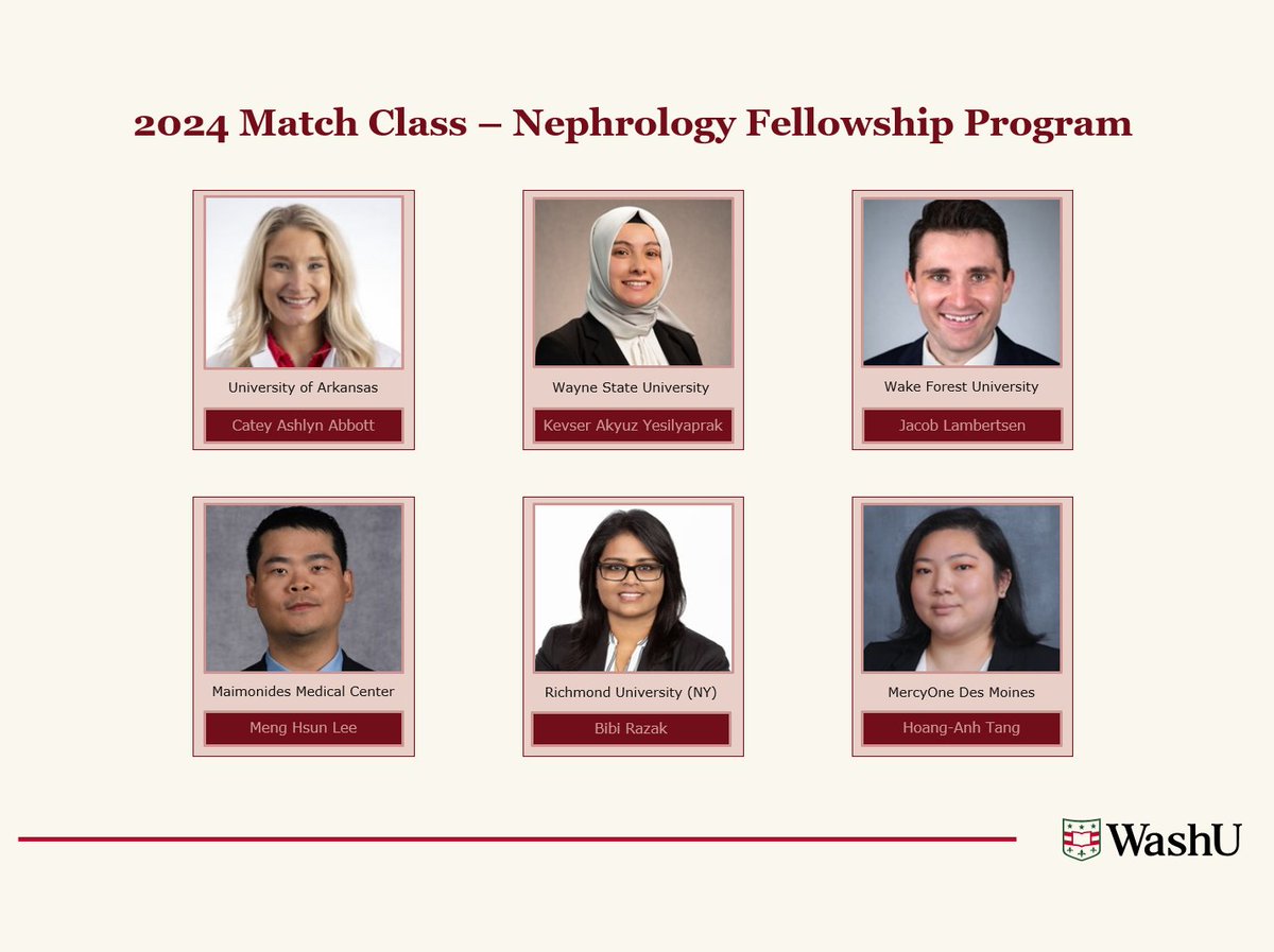 WashU Nephrology (@washunephrology) on Twitter photo So excited to welcome to the following physicians to our <a href="/WashUNephrology/">WashU Nephrology</a> Fellowship Program in 2025: Drs. Catey Ashlyn Abbott, Kevser Akyuz Yesilyaprak, Jacob Lambertsen, Meng Hsun Lee, <a href="/BibiRazak/">Bibi Shazeeda Razak</a>, and Hoang Anh Tang. View all <a href="/WashUDeptMed/">WashU Medicine Department of Medicine</a> #matches at internalmedicine.wustl.edu/Department-of-⦠So excited to welcome to the following physicians to our <a href="/WashUNephrology/">WashU Nephrology</a> Fellowship Program in 2025: Drs. Catey Ashlyn Abbott, Kevser Akyuz Yesilyaprak, Jacob Lambertsen, Meng Hsun Lee, <a href="/BibiRazak/">Bibi Shazeeda Razak</a>, and Hoang Anh Tang. View all <a href="/WashUDeptMed/">WashU Medicine Department of Medicine</a> #matches at internalmedicine.wustl.edu/Department-of-ā¦