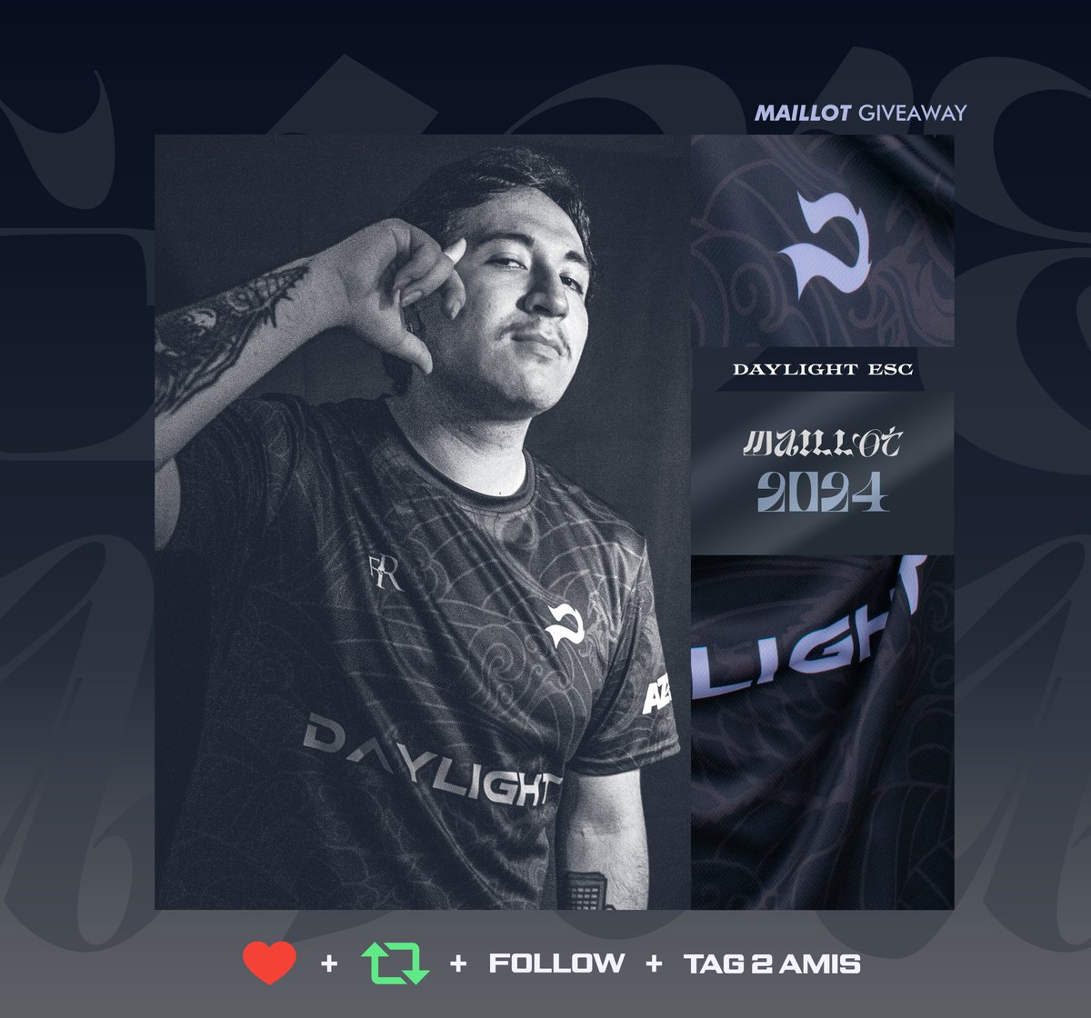 DayLight ESC (@dltesport) on Twitter photo 🎄 #GIVEAWAY | MAILLOT 2024
Il est là ! Le premier 👀 cadeau de noël ! Foncez, quoi de mieux pour dire au revoir à notre maillot 2024 que de vous l'offrir ?
POUR PARTICIPER :
-Follow <a href="/DLTEsport/">DayLight ESC</a> ✅
-Like & Retweet 🤍
-Tag 2 amis en commentaire 🗨️
Tirage au sort le 14/12 ! 🎄 #GIVEAWAY | MAILLOT 2024
Il est là ! Le premier 👀 cadeau de noël ! Foncez, quoi de mieux pour dire au revoir à notre maillot 2024 que de vous l'offrir ?
POUR PARTICIPER :
-Follow <a href="/DLTEsport/">DayLight ESC</a> ✅
-Like & Retweet 🤍
-Tag 2 amis en commentaire 🗨️
Tirage au sort le 14/12 !