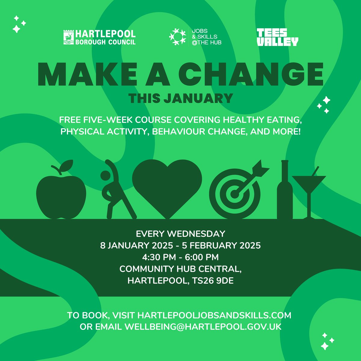 HartlepoolJS's tweet image. Start the New Year with positive change! ✨

📅Every Wednesday, from 8th January 2025 until 5th February 2025
🕒4:30 PM - 6:00 PM
📍Community Hub Central, York Road, Hartlepool, TS26 9DE
👉 To sign up, visit hartlepooljobsandskills.com or email wellbeing@hartlepool.gov.uk.