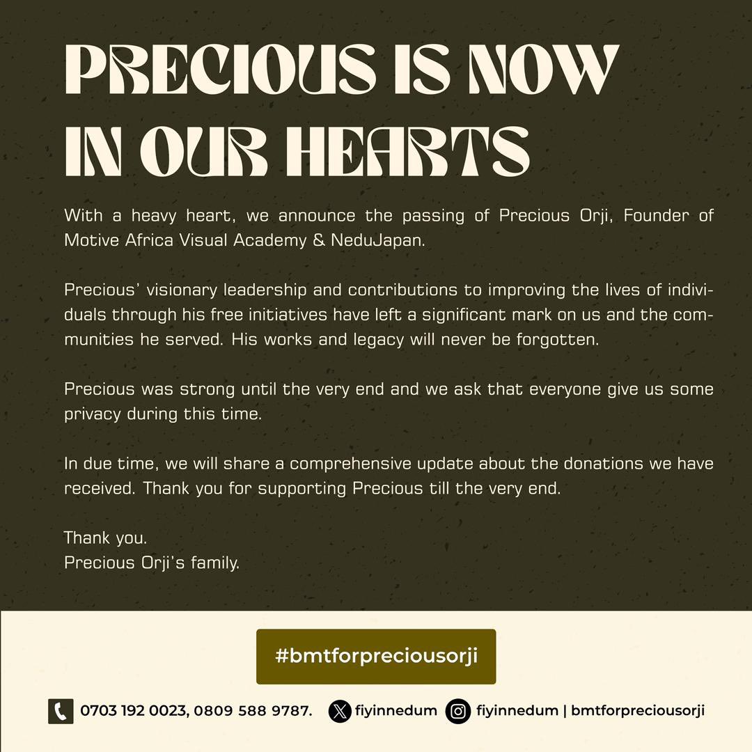 fiyinnedum's tweet photo. Thank you!

We are stopping donations here. A report will be shared in the coming weeks.

#PreciousOrji
#PreciousOrjilives
#PreciousOrjiliveson https://t.co/BH3fv6JNQ1