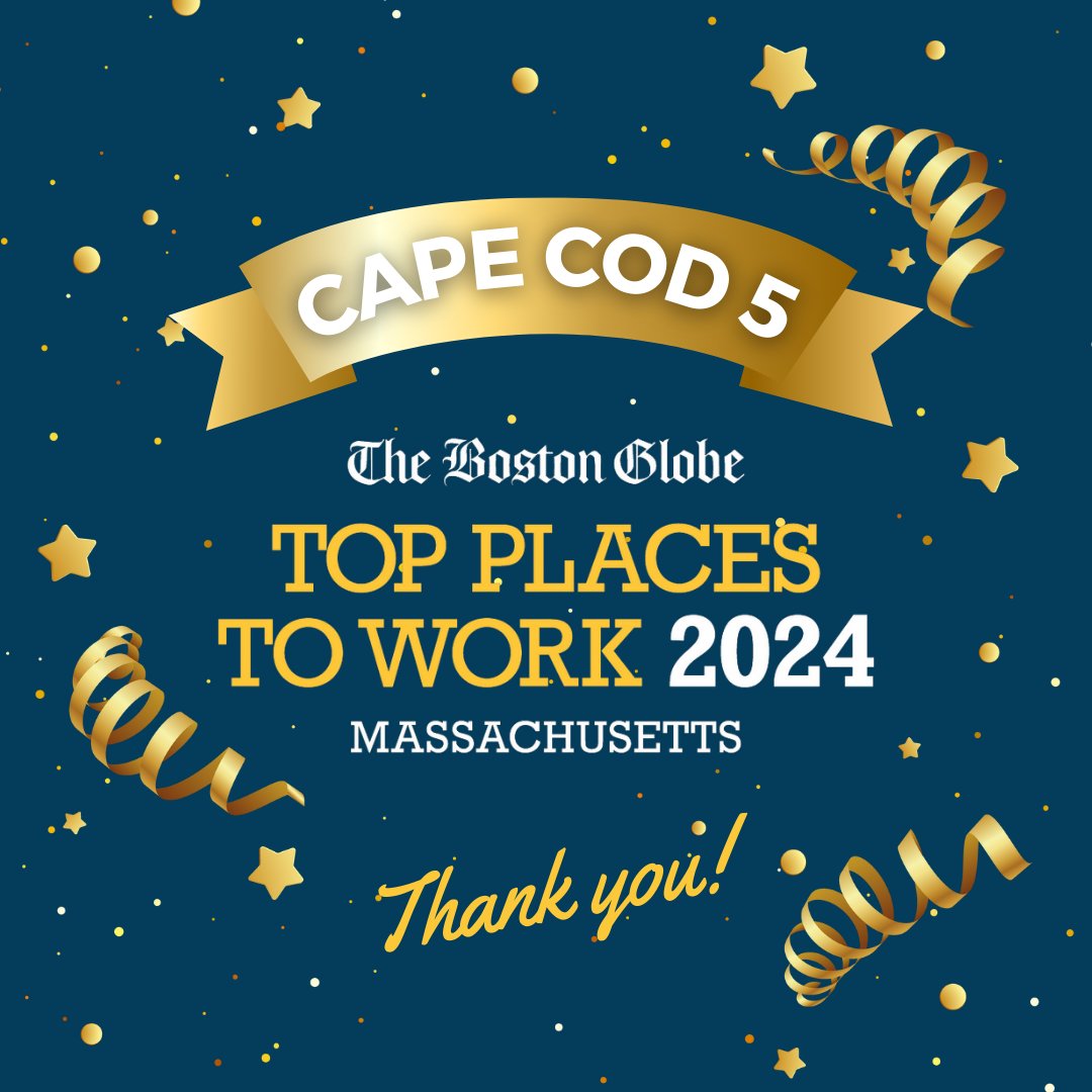 Cape Cod 5 (@capecodfive) on Twitter photo Weāre honored to be recognized once again by <a href="/BostonGlobe/">The Boston Globe</a>, ranking 11 on the list of Top Large Employers this year. Congrats to our 550+ colleagues who make Cape Cod 5 one of the Top Places to Work in Massachusetts each & every day! bostonglobe.com/magazine/top-p⦠#CommunityBanking Weāre honored to be recognized once again by <a href="/BostonGlobe/">The Boston Globe</a>, ranking 11 on the list of Top Large Employers this year. Congrats to our 550+ colleagues who make Cape Cod 5 one of the Top Places to Work in Massachusetts each & every day! bostonglobe.com/magazine/top-p⦠#CommunityBanking