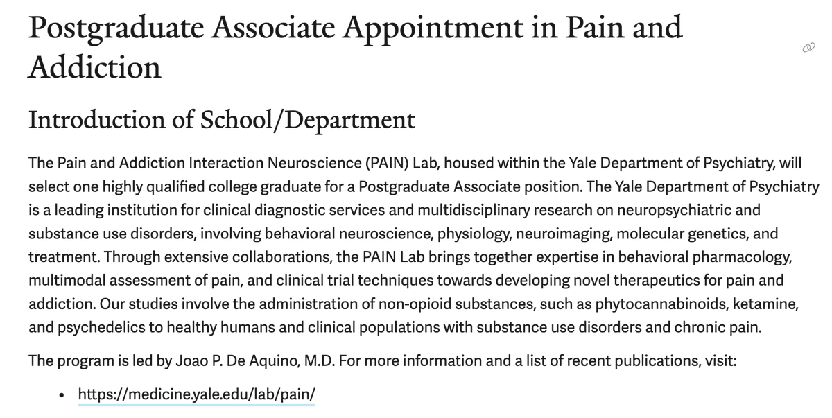 Joao P. De Aquino, M.D. (@jpdeaquinomd) on Twitter photo The PAIN Lab at <a href="/YalePsych/">Yale Psychiatry</a> is hiring a Postgraduate Associate to join cutting-edge research on #pain, #addiction, and novel therapeutics.
Ideal for recent grads passionate about neuroscience & behavioral pharmacology!
🔗 Learn more: medicine.yale.edu/lab/pain/ The PAIN Lab at <a href="/YalePsych/">Yale Psychiatry</a> is hiring a Postgraduate Associate to join cutting-edge research on #pain, #addiction, and novel therapeutics.
Ideal for recent grads passionate about neuroscience & behavioral pharmacology!
🔗 Learn more: medicine.yale.edu/lab/pain/